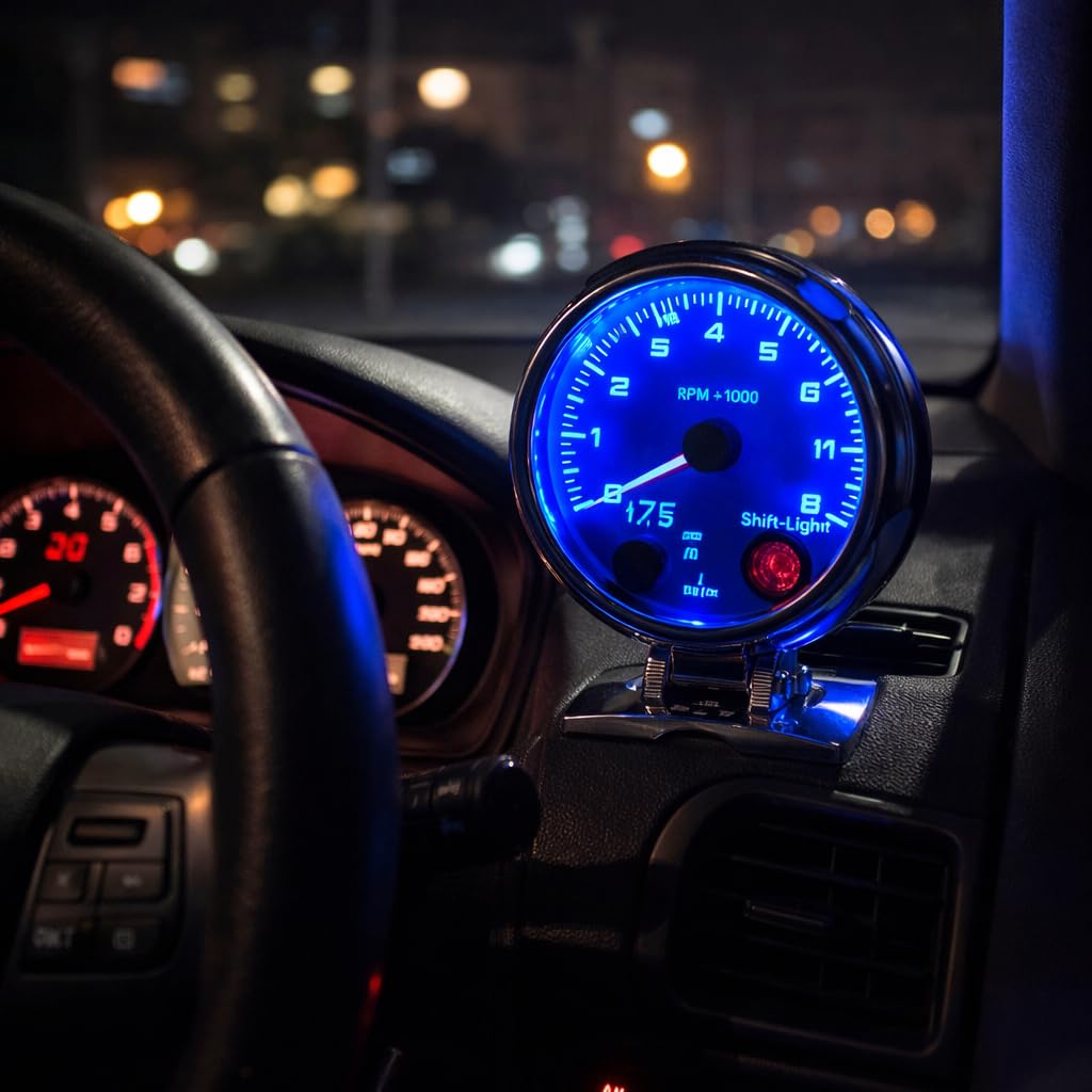 Tachometer 12V for 4/6/8 Cylinder Gasoline Vehicles, 0-8000 RPM, 3.75in, 7 Color Background Lights, Chrome Bracket, White Face