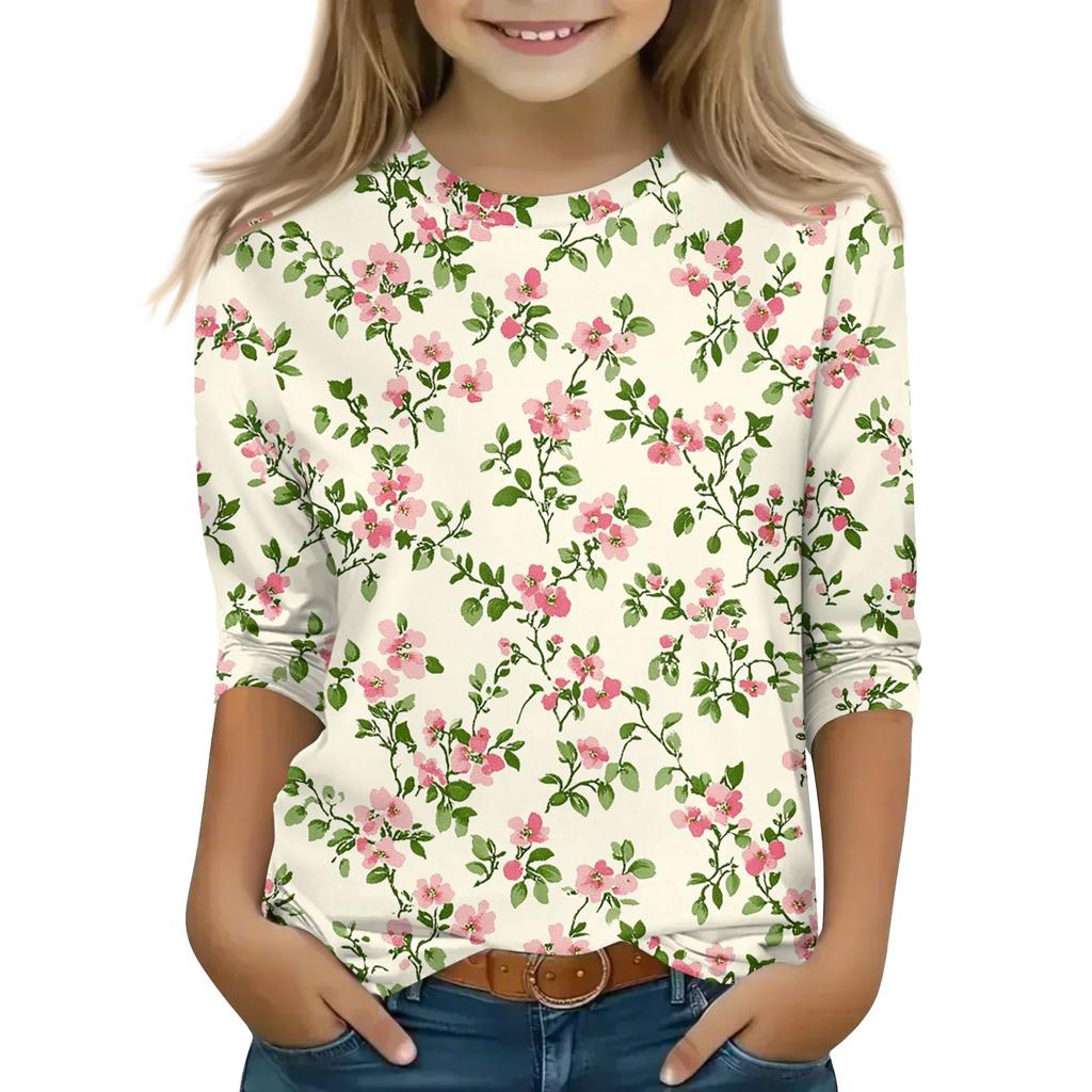 Print Tops For Youth Girls 5-16 Years Round Neck 3/4 Sleeves T-Shirts Trendy Tops Outfit Tees