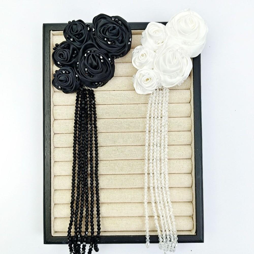 Satin Material Fabric Flower Appliques Crystal Beads Hand-Sewn Embellishments For Hair Clips