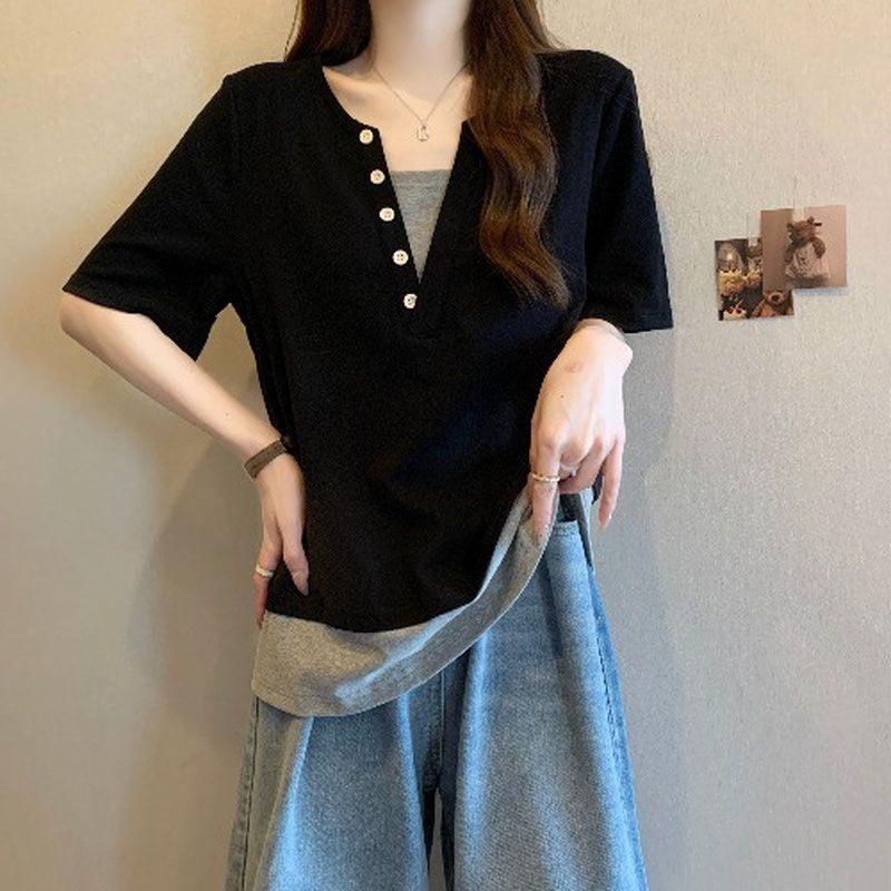 YYFS Women's Fashion Casual Summer Spring Colour Block Print Short Sleeve V-Neck Blouses & Shirts