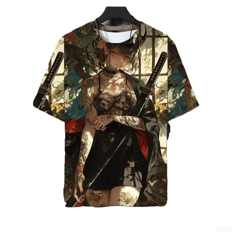 Japanese Samurai Girl Tattoo T-shirt 3D Beautiful Printed T-shirt for Men and Women Harajuku Short Sleeved Top