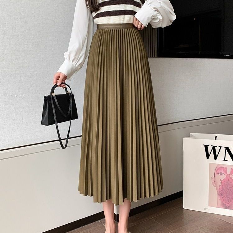 High Waist Long Women Skirt A Line Elastic Pleated Calf Length Solid Simply Classic Female Bottom Thin Summer Y2k Skirt