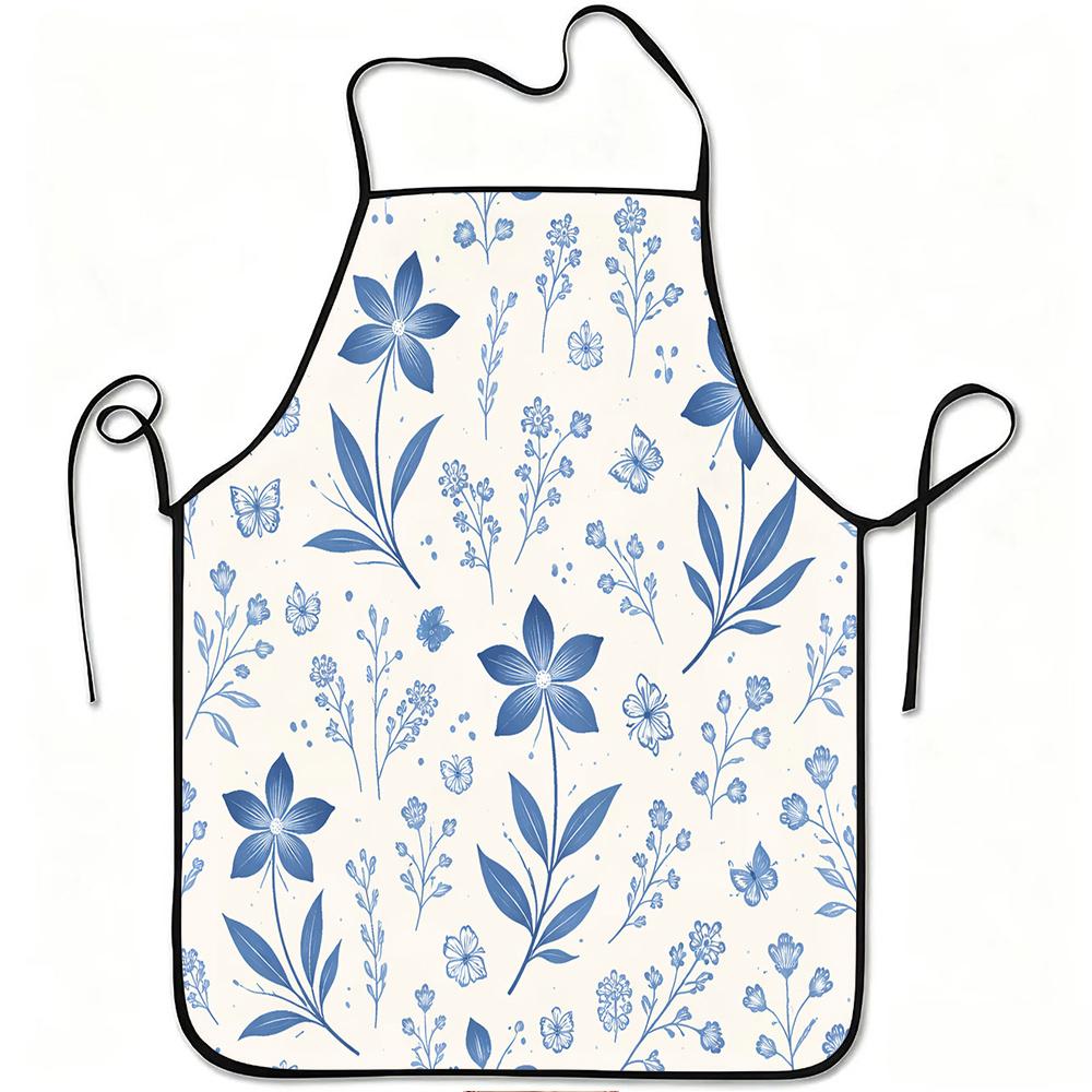 1pc Blue Floral Butterfly Print Apron, Durable and Easy to Clean, Adjustable Waistband, Polyester Material, for Kitchen Cooking, Gardening, Orchard Pi