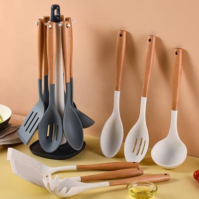 Kitchen Tools Wooden Handle Silicone Kitchenware Set of 7 Non-Stick Cooking Spatula Spoon Set