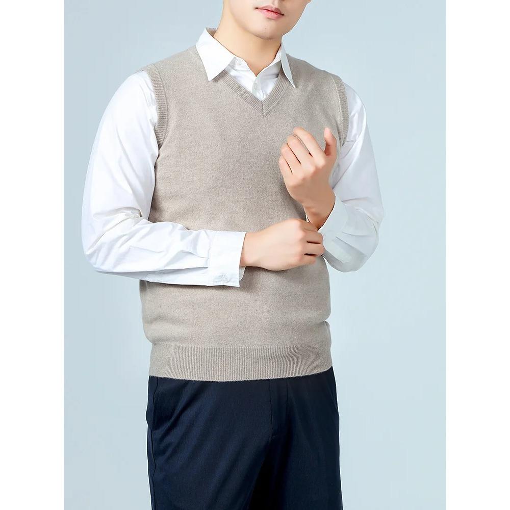 100% Merino Reine Wolle Herren V-Ausschnitt Weste Ärmellos Pullover Herbst Winter Dick Lässig Mode Gestrickt Kaschmir Pullover