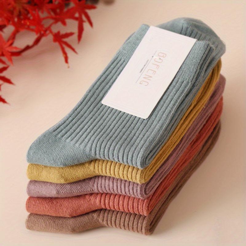 5 Pairs Women's Striped Socks, Solid Color Mid-Calf Versatile Spring Autumn Winter Models, Double-Needle Thickened Simple Solid Color Long Socks