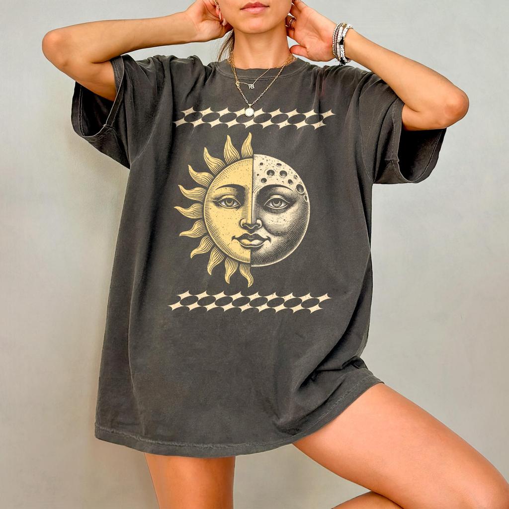 Mystic Moon and Sun Shirt - Celestial Comfort Colors T-Shirt, Boho Moon Shirt, Bohemian Sun Shirt, Retro Hippy Shirt, Chic Yoga Graphic Tee