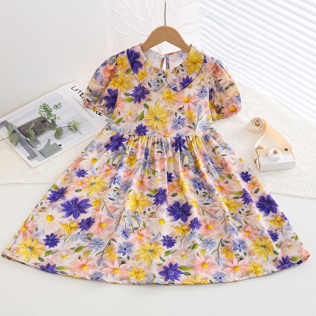 Resort Style Children's Clothing Summer Style Children's Cotton Silk Doll Collar Princess Dress Girls Artificial Cotton Floral Dress
