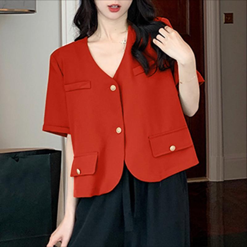 VONDA Women V Neck Short Sleeve Buttons Up Casual Elegant Cropped Blouse