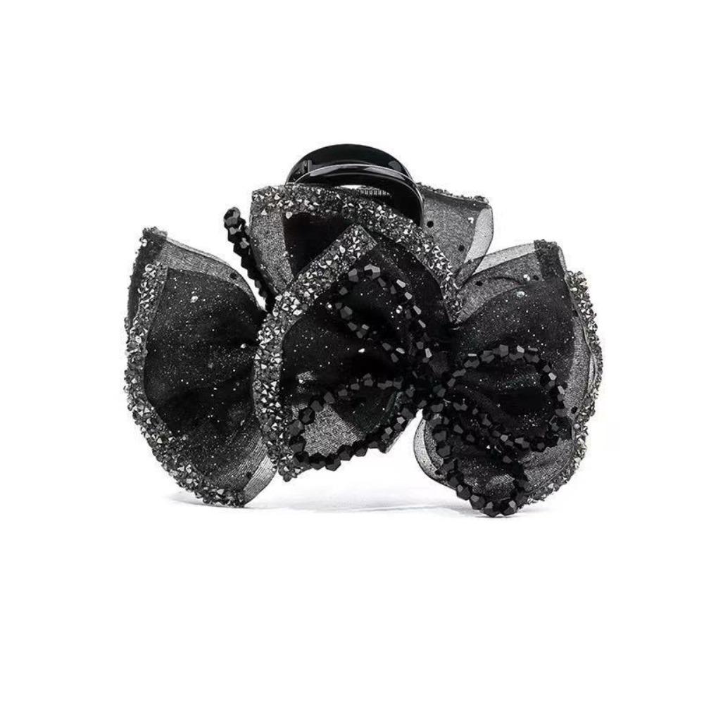 Elegant Black Bow Shark Clip Cloth Women Sequin Hairgrips Twinkle Shiny Rhinestone Hair Claw Daily
