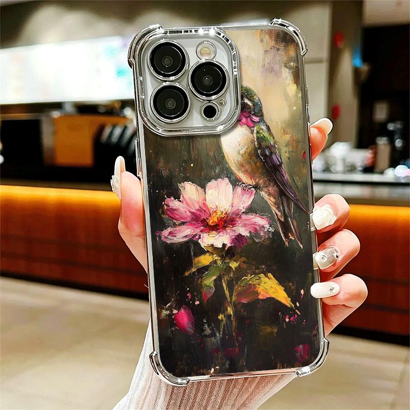 Bird Oil Painting Style Plating Phone Case For Iphone 16 17 Pro Max Air 16E 14 15 Plus 12 13 Mini Anti-Fall Airabag Cover