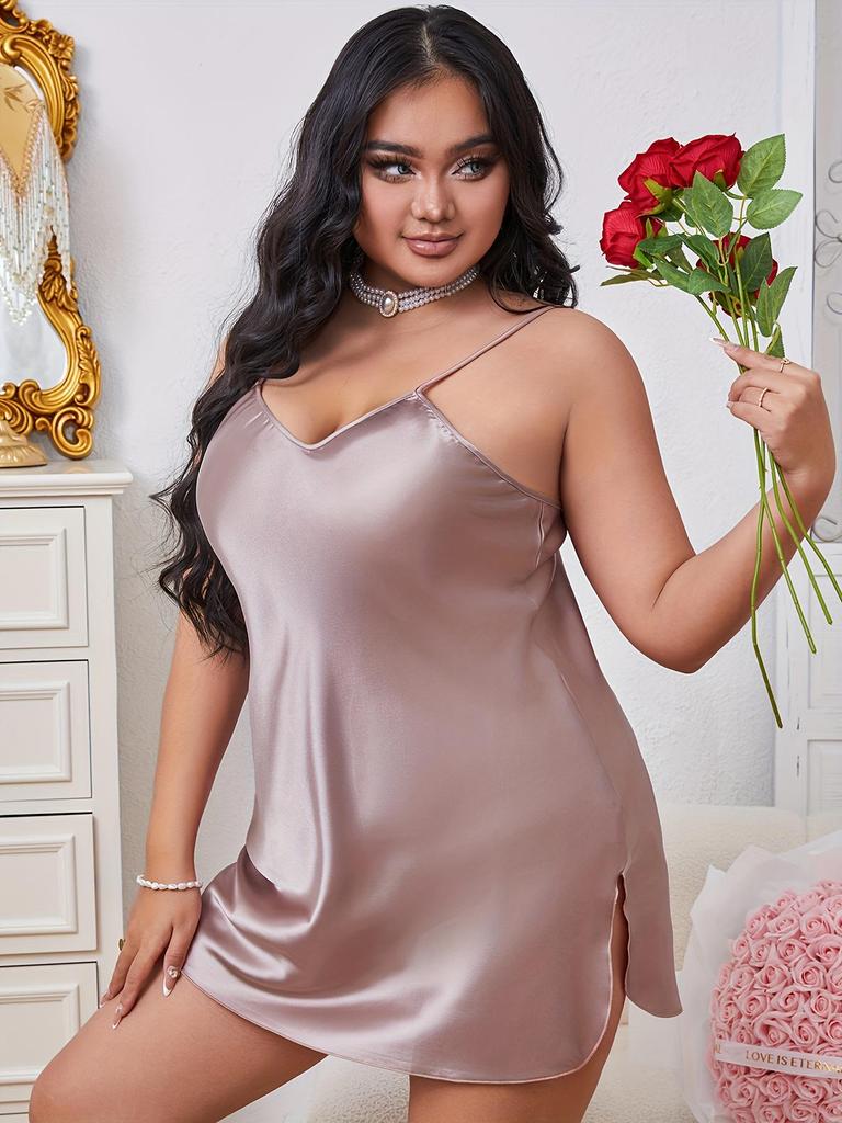 Plus Size Women's Silk Satin Camisole Nightgown with Slit - Elegant, Comfortable, Slimming Design