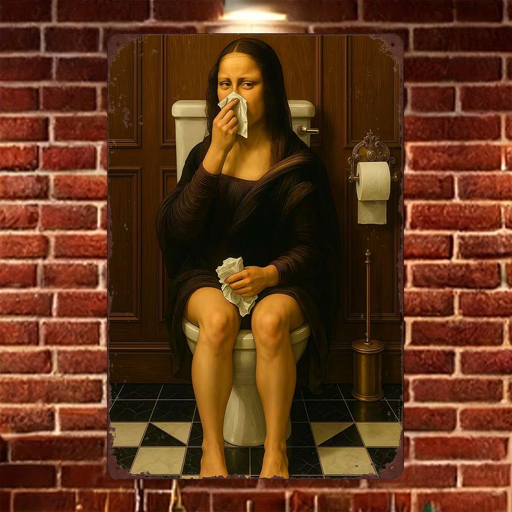 Funny Mona Lisa Hold Nose Bathroom Vintage Metal Sign Humorous Classic Art Parody Wall Plaque Restroom Toilet Home Wall Decor