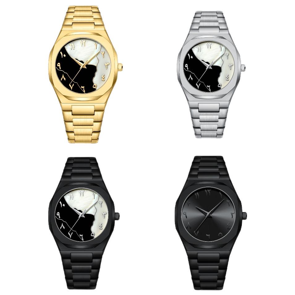 High-End Men's Quartz Watch with Large Dial and Steel Band, featuring Arabic Numerals.