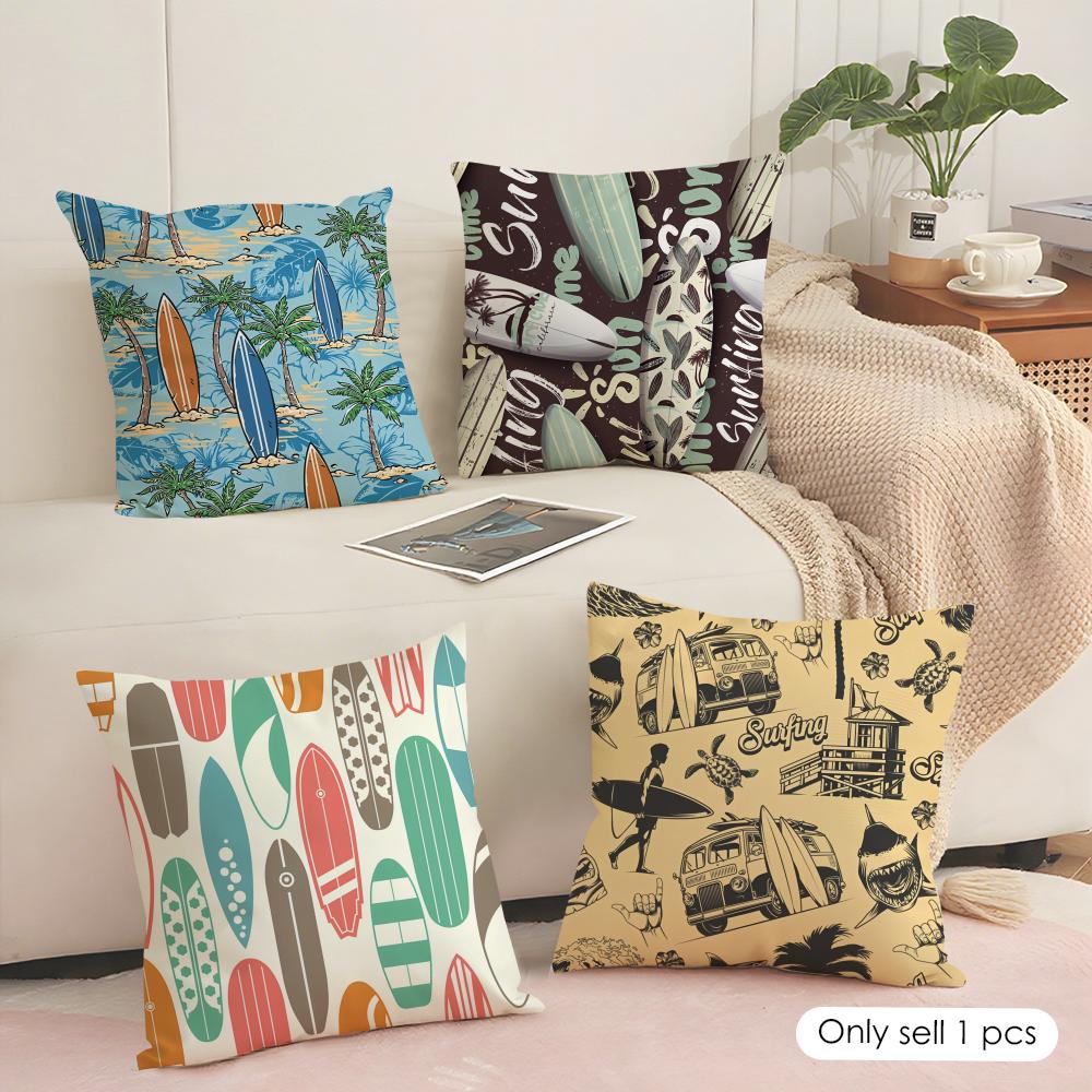 Surfing Pattern Cushion Cover Soft Short Plush Pillow Cover Smooth Cozy Texture Aesthetic Cushion Case Home Decor