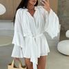 Spring Summer Ruffle Loose Mini Dress Casual Flare Sleeve Holiday Dresses Sexy Deep V-neck Lace Up Solid Women's Dress Vestidos