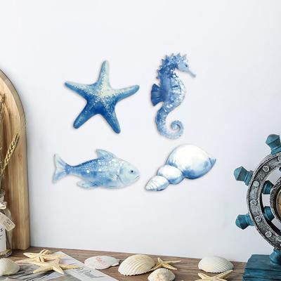 4 ks Dřevěná plážová nástěnná dekorace Pobřežní oceán Hvězdice Mořský koník Mušle Ryba Nástěnné umění Námořské téma Domácí dekorace pro statek Obývací pokoj Koupelna