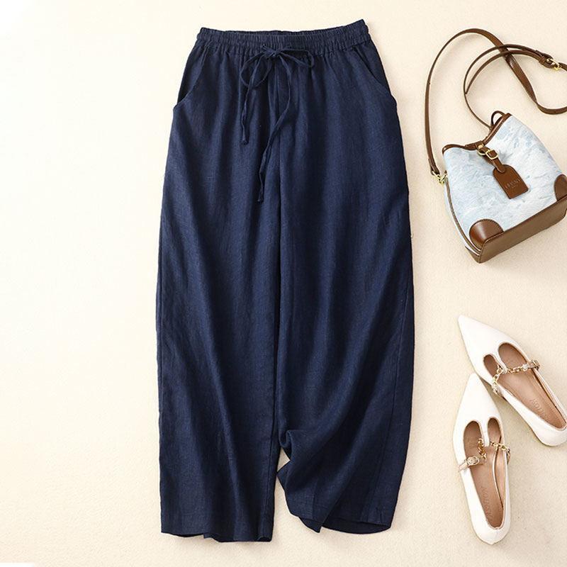 Cotton and Linen Wide-leg Pants Women Summer Retro Elastic Waist Ankle-Length Pants Lace-up Solid Versatile Loose Casual Pants