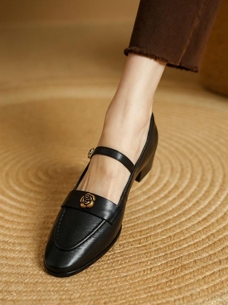 Vintage Round Head Medium Heel Single Shoes Women's Fashion One-word Buckle with Camellia Soft Sole Thick Heel Mary Jane Women's Shoes Small Leath