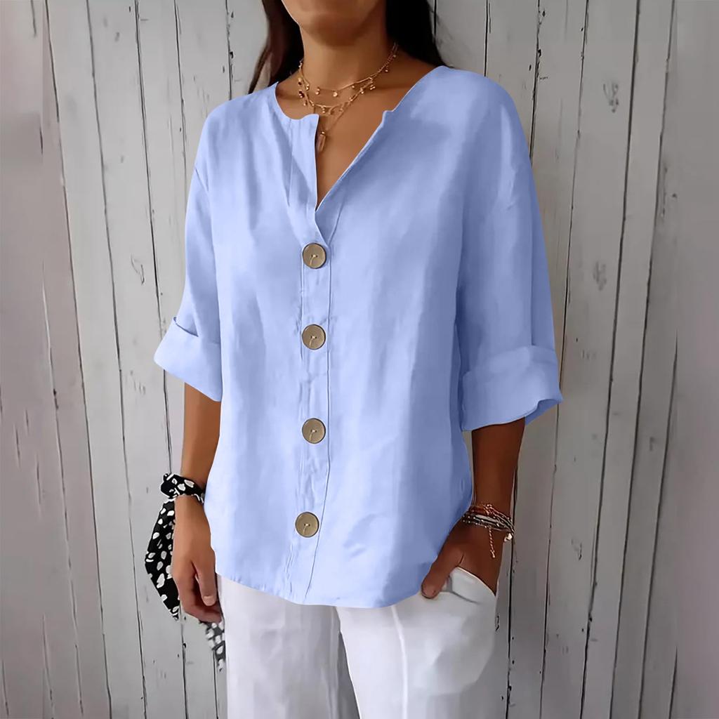 Women's Fashion Casual V-Neck Buttoned 3/4 Sleeve Cotton Linen Top