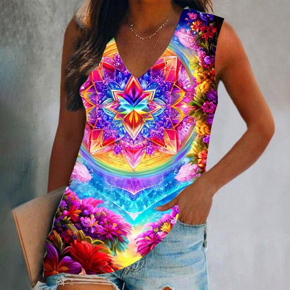 Summer Vintage Pattern 3D Print Tank Tops Women Streetwear Oversized V-Neck Vest Off Shoulder Sleeveless Woman Camisole