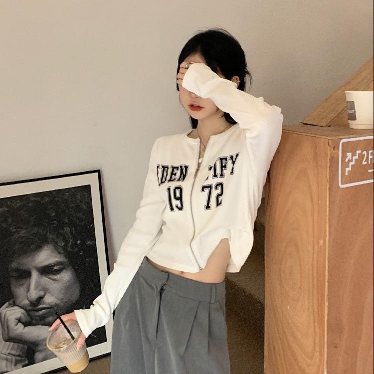 Women's Letter Print Cropped Zip-Up Cardigan Jacket - Slimming Long Sleeve T-Shirt Style Top