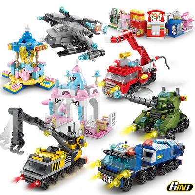 6 ב-1 קוביות בניין עיר רכב כיבוי משאית משטרה מנוף הנדסי טנק מסוק סט קוביות צעצועים לילדים