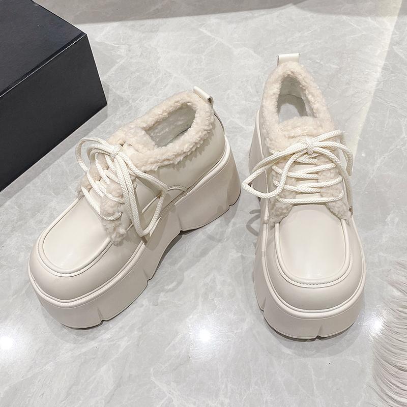 Fashion Women Warm Fur Snow Boots Winter Soft Leather Motorcycle Short Boots High Platform 9CM Ladies Chunky Plush Sneakers Botas Mujer