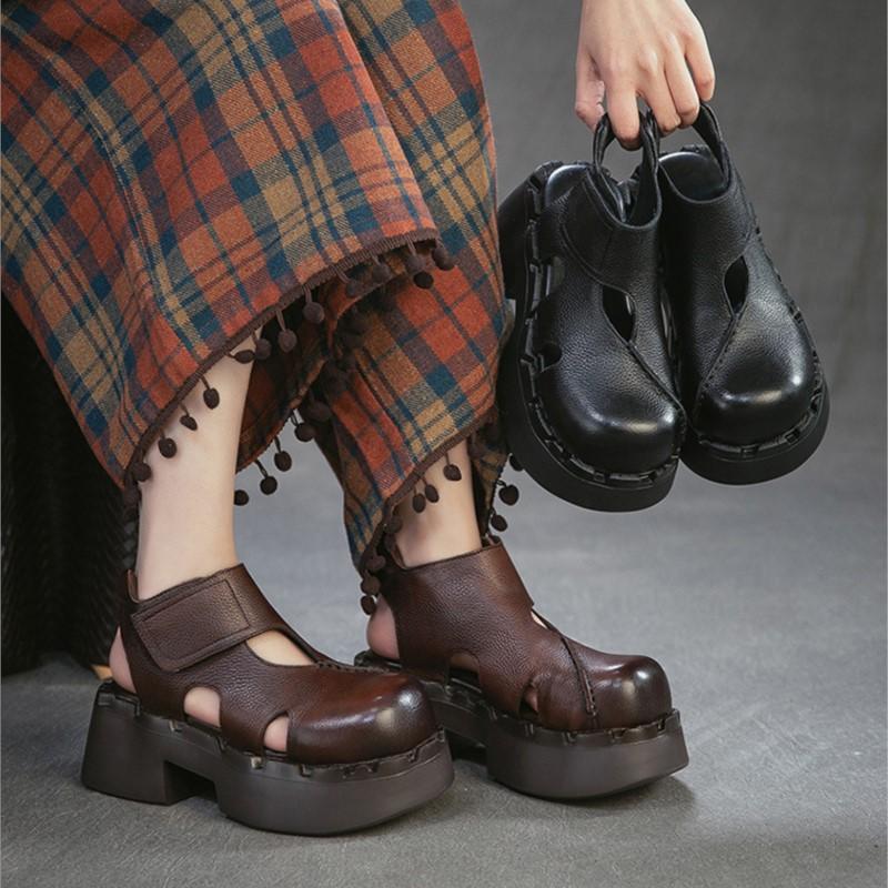 Johnature Echte Leder Höhe Steigernde Dicke Sohle Sandalen Runde Zehen Damen Plateau Schuhe