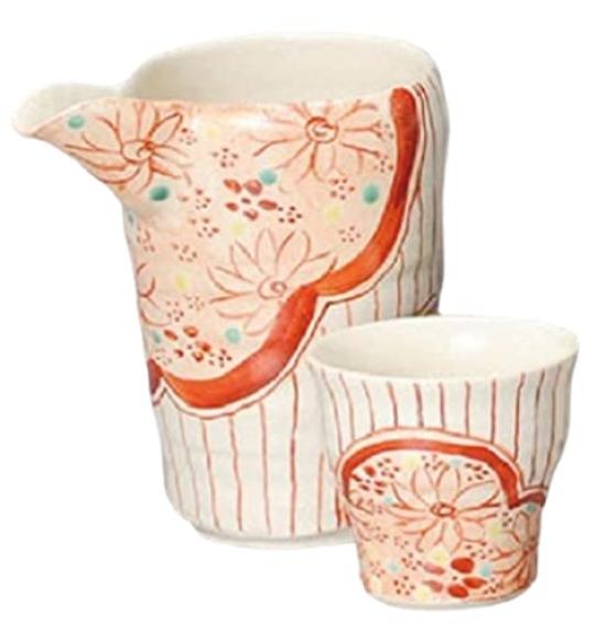 Sake Tokkuri and Ochoko Diameter x 11 x Height Akae Komachi Cylindrical Mino Suitable for Hot Cold and Japanese Sake Ale-net Set, (Cupcake) Set, 8.5