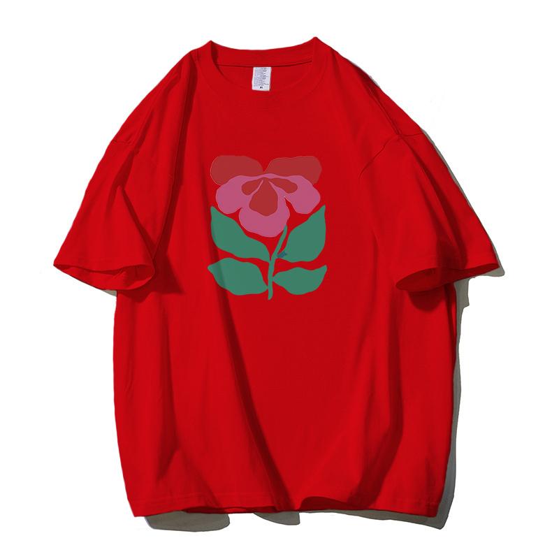 Shellsuning Krásné Květiny Tištěné Tričko pro Ženy Letní Nadměrné Ležérní O-výstřih Jednoduché Univerzální Dívčí Trička Základní Harajuku Pár Topy