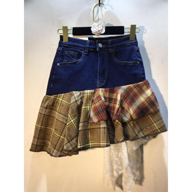European Station Spring Clothing New Splicing Plaid Lace Skirt High Waist Elastic Denim Skirt Short Skirt