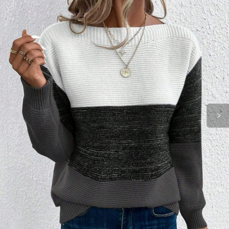 Damen S Farbblock Strickpullover Rundhalsausschnitt Langarm Pullover