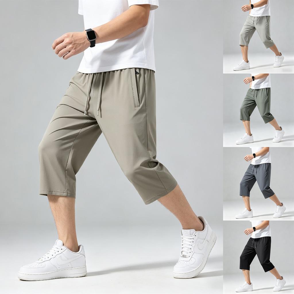 Herren Locker Geschnittene Leichte Schnelltrocknende Atmungsaktive Lässige Sport-Capri-Shorts mit Elastischem Bund und Kordelzug