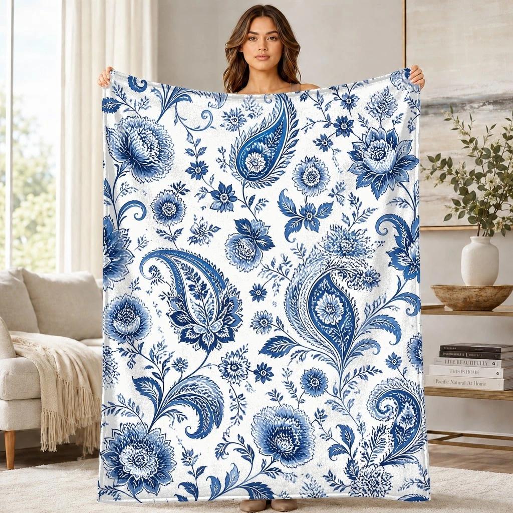 Blue Paisley Floral Coral Fleece Blanket