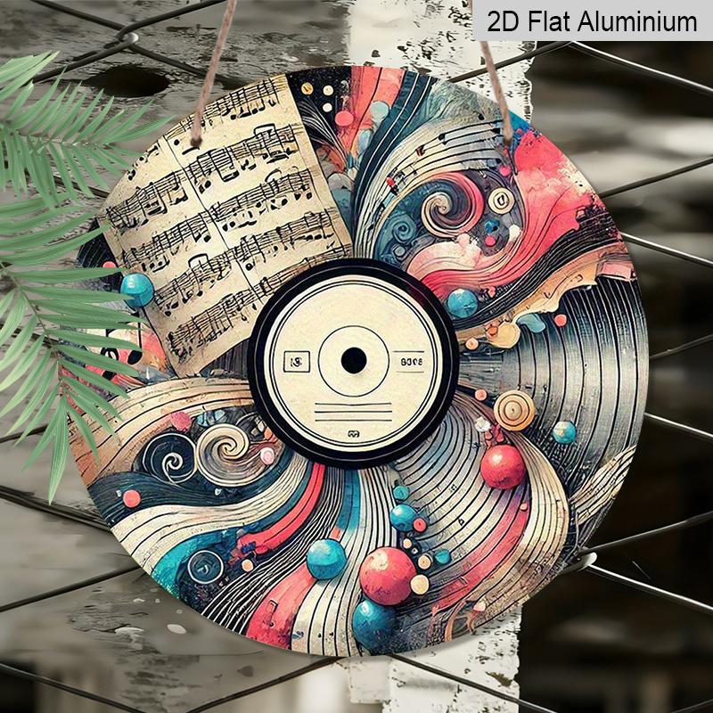 2D Flat, 1pc Round Aluminum Abstract Vinyl Record Metal Sign, Vintage Sheet Music & Artistic Swirl Wall Plaque, Waterproof Rustproof Decor, Perfect