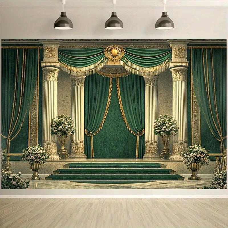One Piece of Luxurious Background Fabric for European Palaces - with Emerald Green and Gold Accents, Made of Polyester Fabric