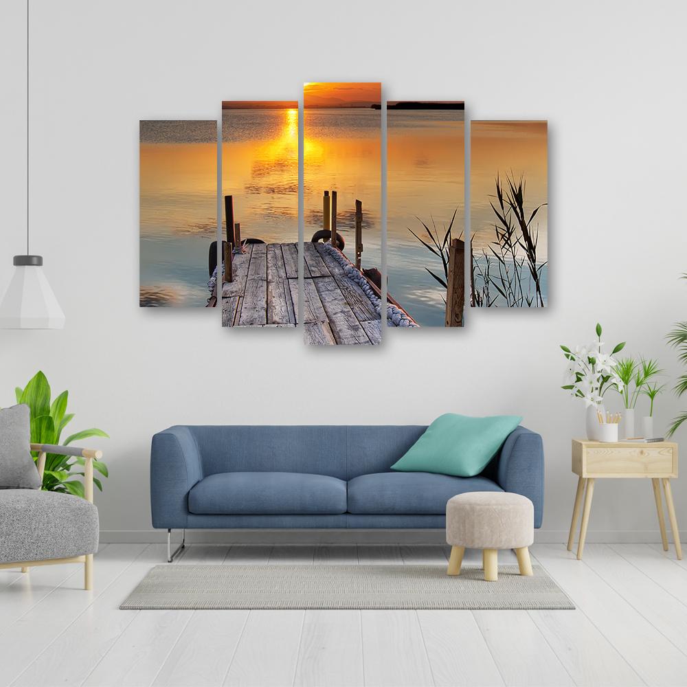 Femdelad bild tryckt på canvas Solnedgång Gångbro Sjö Natur