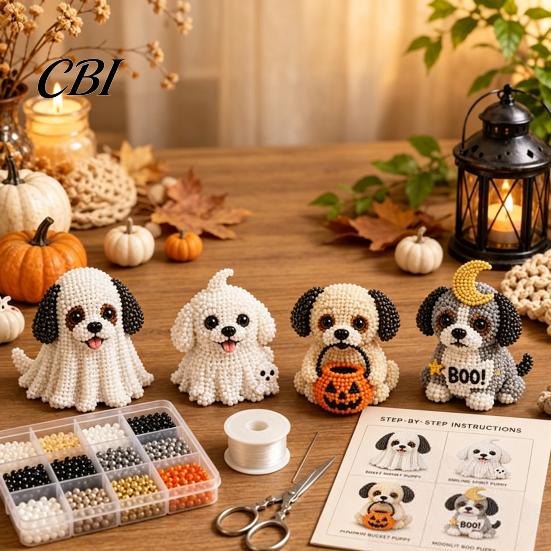 Creative Hobby Sets Halloween Dog Bead Art Set, DIY 4 Beaded Puppy Figurines, 3D Craft Supplies Kit for Adults Teens, Holiday Decoration Handmade Gift