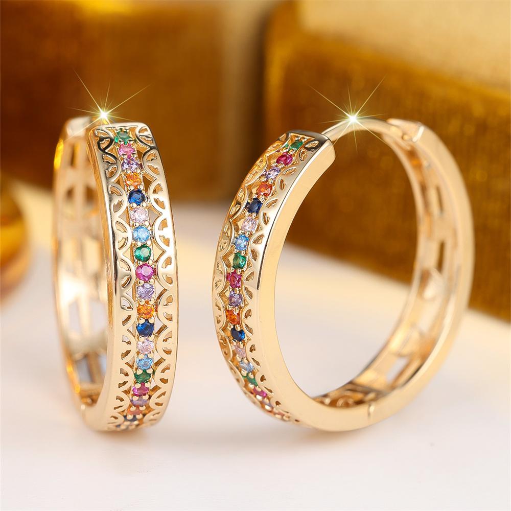 Multicolor Crystal Antique Hollow Flower Hoop Earrings For Women Vintage Gold Color Ear Buckle Wedding Party Jewelry Bridal Gift