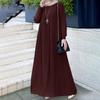 Elegant Muslim Women's Pleated Dress - Solid Color, Round Neck, Long Sleeve