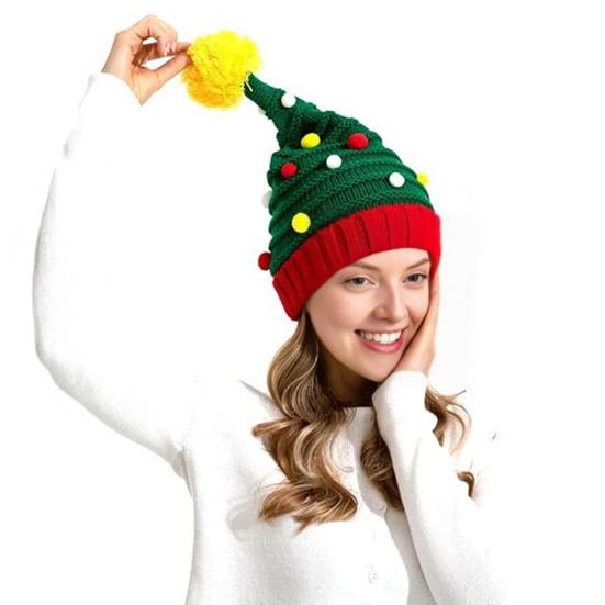 Christmas Knitting Hat Red Green Patchwork Color Knitted Wool Ball Decoration Holiday Hat Festive Party Wear
