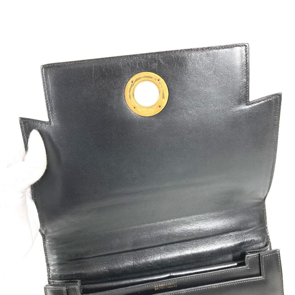 Hermes Bolsa de Mão com Aba e Logo Vintage Bolsa de Ombro Couro Preto/Ferragens Douradas