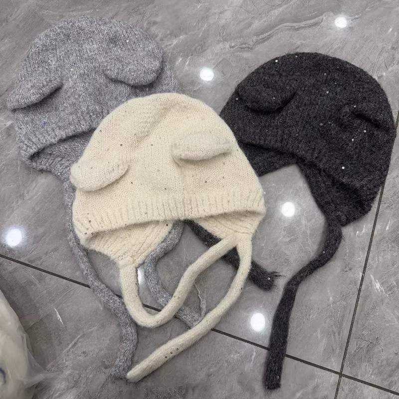 Custom-woven and Dyed Starry Sky Sequins Wool-blended Bear Ears Knitted Ear Protection Hat Women's Autumn and Winter Wool Hat Baotou Hat