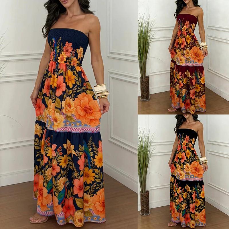 2026 Womens Printed One-Shoulder Wrap Dress A-Line Long Casual Streetwear