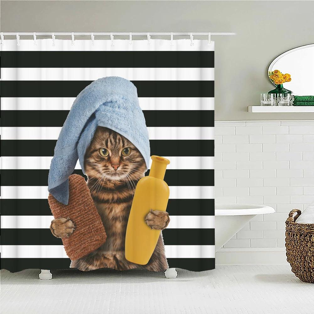 Funny Cute Cartoon Bathing Cat Dog Shower Curtains Bathroom Bathtub Decoration Waterproof Bath Curtain Home Decor with Hooks