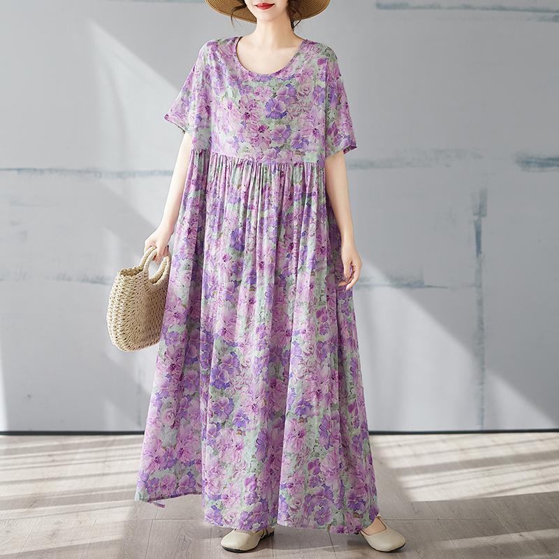 

DIMANAF 2025 Летнее платье больших размеров для женщин, повседневное длинное платье свободного кроя в винтажном стиле с цветочным принтом, фиолетовое платье макси One Size фиолетовый