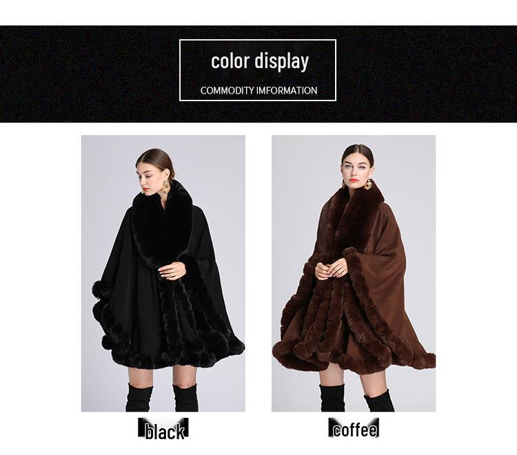 Women's Imitation Rex Rabbit Fur Collar Shawl Cape - Large Size, Knitted Loose Fit Cardigan for Autumn and Winter