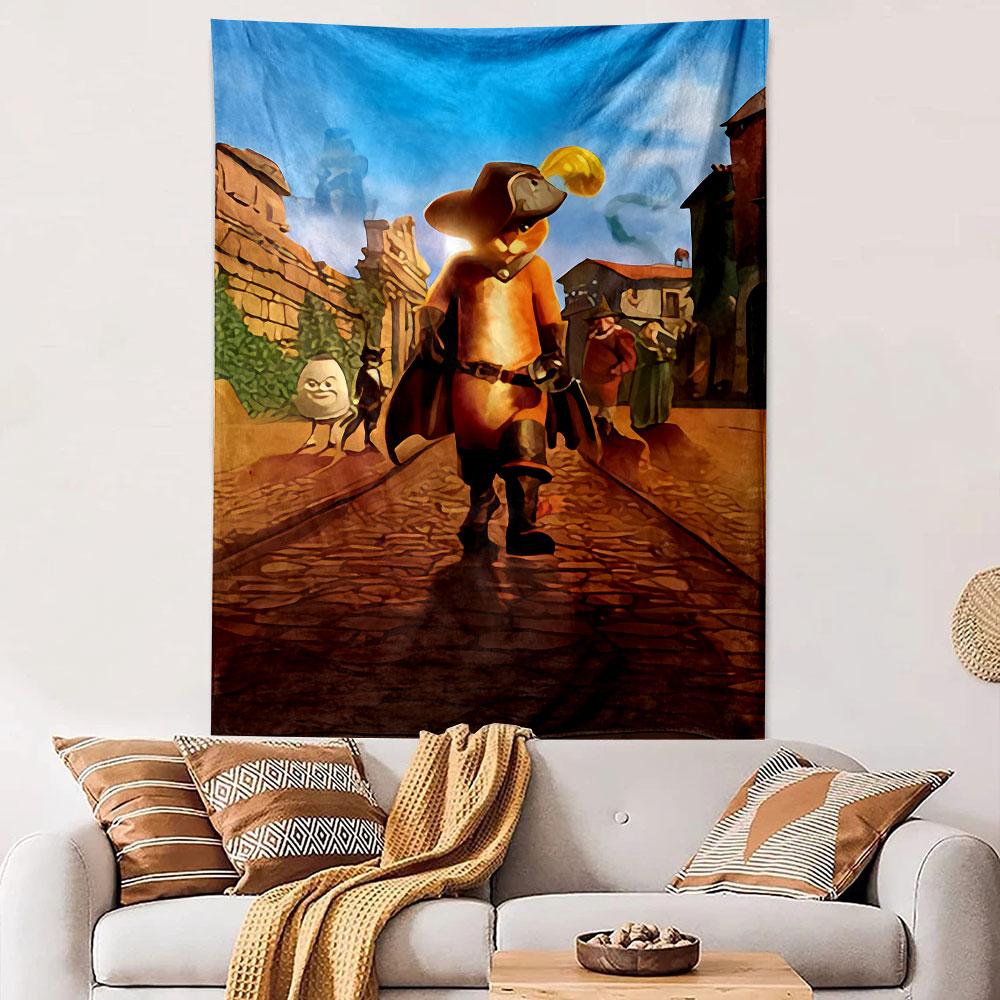 Puss in Boots Tapestry Wall Hanging, DreamWorks Swashbuckling Cat Character Art, Fun Cartoon Wall Decor for Kids Bedroom Game Room