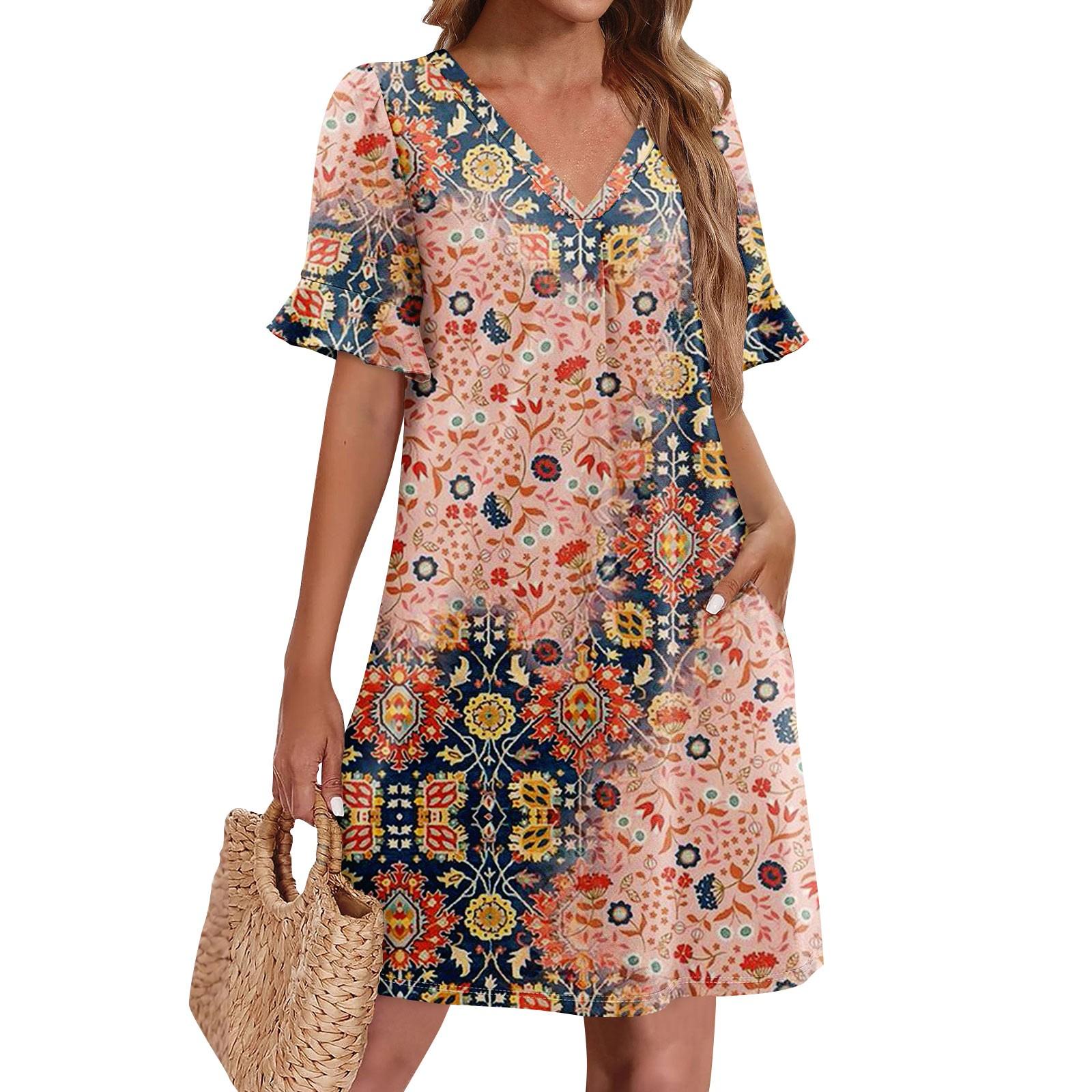 

Summer Dresses For Women V Neck Ruffle Short Sleeve Casual Loose Printing Dress Beach Dress With Pockets XXL рожевий